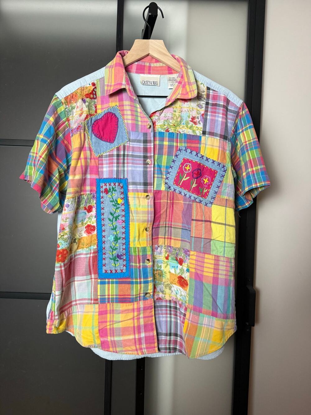Vintage 90s Casey and Max Patchwork Embroidered Denim Shirt Size Large